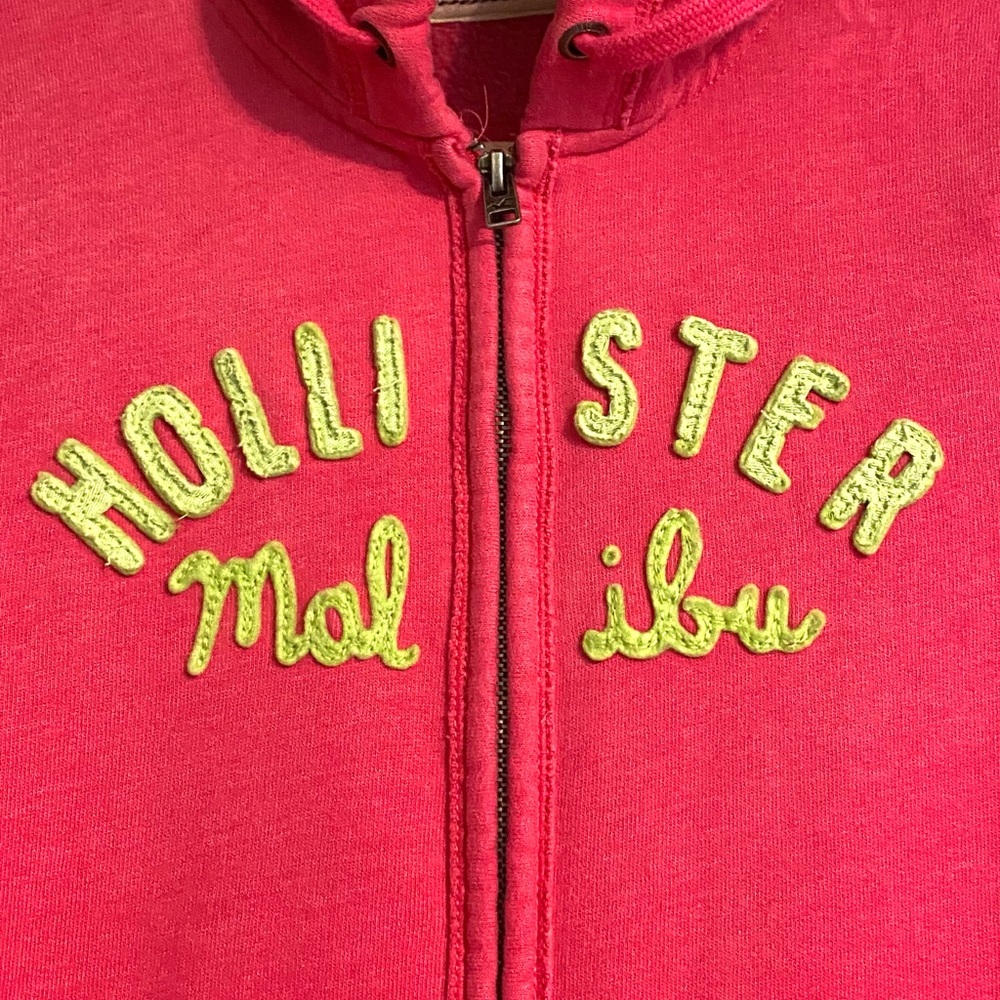 Hollister Malibu Pink Fleece Zip Front Hoodie Sweatshirt Logo Raised Lettering M - Picture 2 of 5